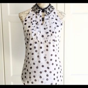 WHBM White Polka dot Jeweled Ruffle Top